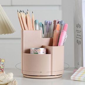 OWLFAVO Desk Pencil Pen Holder, 4 slots 360-Degree Spinning Desk Organizers, Rotating Desktop Storage Stationery Supplies for School, Home, Office, Kitchen, Makeup Brush, Ivory White