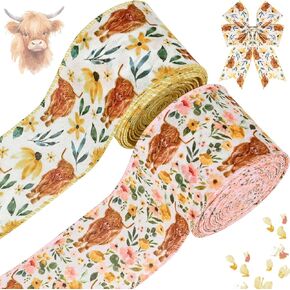 2 Rolls 20 Yards Boho Floral Highland Cow Wired Edge Ribbon Animal Flowers Printed Fabric Ribbon for Gift Wrapping Wreaths Making Craft Supplies, 2.5 Inch