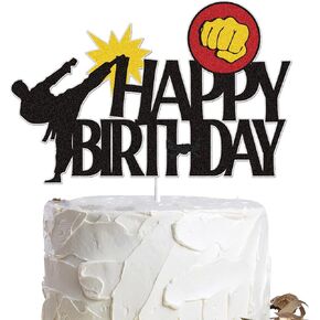 Karate Happy Birthday Cake Topper Black Glitter Kung Fu Black Belt Taekwondo Themed Party Supplies for Boys Girls Men Women