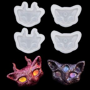 4Pcs/Set Small Cat Silicone Resin Epoxy Molds Crystal Beading Jewelry DIY Devil Cat Head with Three Eyes and Horns Necklace Pendant Casting Mold Hand Craft Resin Molds Fondant Molds