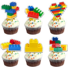 Dessert Cupcake Topper Pick for Building Blocks Block Theme Decor Supplies Baby Shower Happy Birthday Anniversary Party Decoration set 18pcs Colorful Glitter