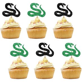 Set of 24 Snake Cupcake Toppers for Reptile Pet Theme Party, Black & Green Glitter Snake Sign Cupcake Toppers, Cake Decorations for 1st Birthday/Animal Theme Party Supplies