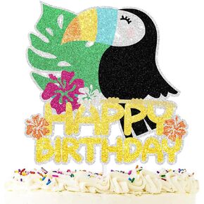 Toucans Happy Birthday Cake Topper - Tropical Bird Theme Boy girl Glitter Birthday Party Decor