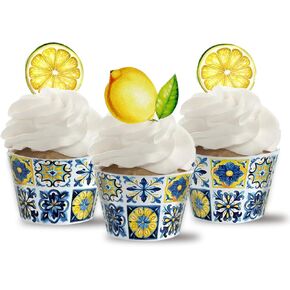 Blue Tile and Lemons Cupcake Wrappers,Mediterranean Tiles,24 Lemon Cupcake Toppers +Cupcake Wrappers
