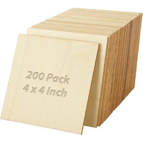200 Pieces 4x4 Inch Wood Squares Unfinished Basswood Plywood Wooden Sheets 1/8 inch Thick Blank Wood Squares for Crafts Painting Scrabble Tiles Mini House Building Wooden Plate Architectural Model