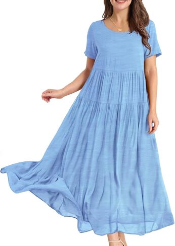 YESNO Women Casual Loose Bohemian Dress with Pockets Short Sleeve Long Maxi Summer Beach Swing Dress (XL EJF Solid C Light Blue) in Kuwait