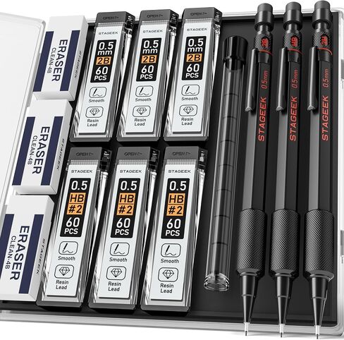 0.7mm Mechanical Pencil Set, 3PCS Metal Mechanical Pencils 0.7mm with 6 Tubes HB & 2B Lead Refills,Erasers, Weatherproof Artist Pencils with Case for Outdoor Writing Drafting Drawing in Kuwait