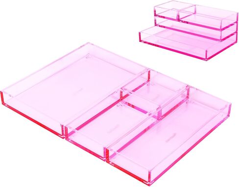 Clear Acrylic Desk Organizer for Office أو Home Desk Dister Dividers ، صناديق تخزين الغرور المكياج ، صينية قابلة للتكديس 5 عبوات ، صينية ملحقات/صينية صغيرة in Kuwait