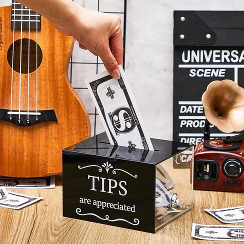 Vesici Tip Jars for Money 6 x 4 x 5 Inch Acrylic Tip Collection Box with Lock Donation Suggestion Box for Tip Storage Container Raffling Box for Bartender Bars, Musicians Restaurants Driver in Saudi Arabia
