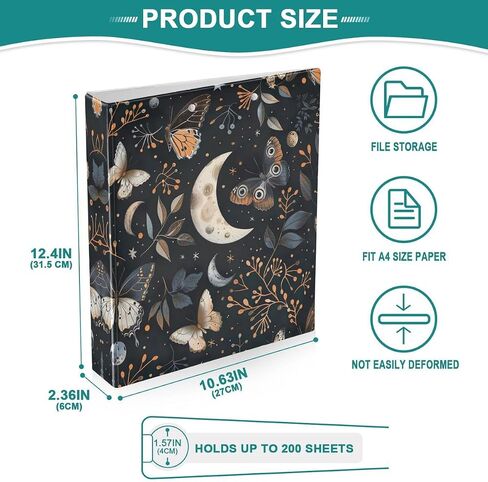 Nander 3 Ring Binder,Moth and Moon Binder with Clipboard（ Letter Size）,Cute Binder Organizer for Work,School,Office and Business Supplies in Kuwait