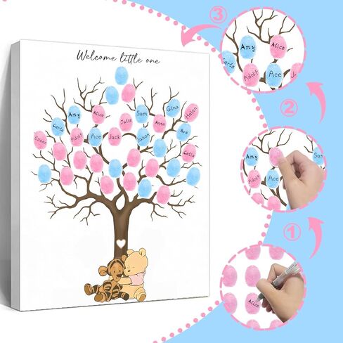 Winnie Gender تكشف شجرة بصمات الأصابع ، Winnie Gender Decor Decordbook ، زخرفة استحمام الطفل للأمهات الحوامل ، دفتر ضيوف استحمام الطفل مع ملصقات in Kuwait