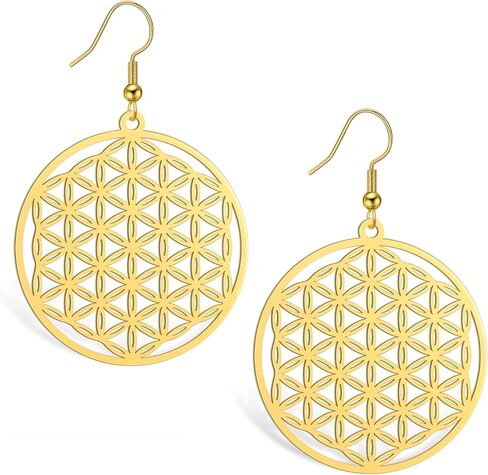 Amaxer زهرة الحياة بذور الحياة ماندالا بيان حماية الهندسة المقدسة مجوفة من قلادة سحر قطرة متدلية أقراط (النمط 2، فضي) in Kuwait