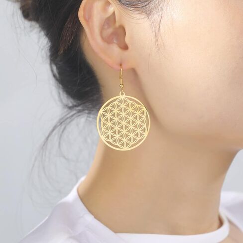 Amaxer زهرة الحياة بذور الحياة ماندالا بيان حماية الهندسة المقدسة مجوفة من قلادة سحر قطرة متدلية أقراط (النمط 2، فضي) in Kuwait