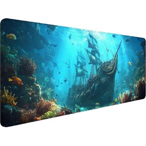 Pirate Shipreck Gaming Gaming Mouse Pad Fantasy Nautical Ocean Ocean Fish Coral Extended Gaming Mouse Mouse Pad مع حافة مخيطية غير قابلة للانزلاق قاعدة كبيرة 31.5 "x11.8" مكتب كمبيوتر مفتاح كمبيوتر محمول.