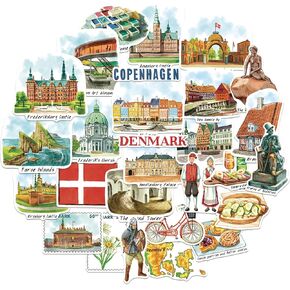 Navy Peony Delightful Denmark Travel Stickers (28pcs) - Die-Cut, Watercolor, Danish-Themed Vacation Decals for Journals, Scrapbooks, Luggage, Tumbler