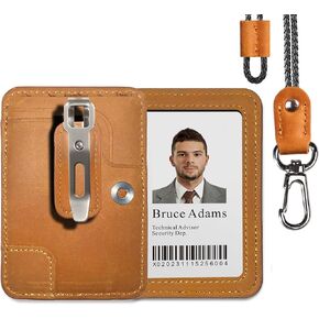 LeeFirst Premium Leather ID Badge Holder with Detachable Metal Clip, Durable ID Card Holder Name Card Case Protector, Clear Window, 2 Card Slots, Leather Lanyard – Perfect for Work & School, Black