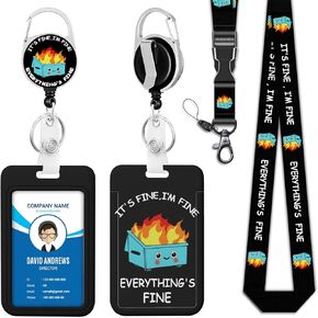 ID Badge Holder with Breakaway Lanyard Funny Color Black Cat Badge Reel Detachable Name Tag Clips Cute Cat Lanyard Reel I'm Fine Everything is Fine Lanyards for Id Badges Kids Nurse Teacher