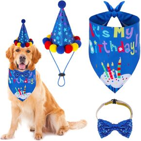 Grevosea Dog Birthday Bandana Hat Set, It's My Birthday Dog Birthday Bandana Dog Birthday Hat and Dog Bow Tie Dog Birthday Decorations for Small Medium Large Dogs Cats Birthday Party Supplies