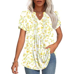 Womens 2025 Summer/Spring Tunic Tops V Neck Dressy Casual Blouse for Work Fashion Pleated Short Sleeve T-Shirts