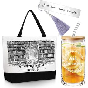 Inbagi Book Lovers Gifts Set Include 16oz Drinking Glass with Bamboo Lid and Straw for Library Tote Bag Stainless Steel Bookmark Gift for Reader Teacher Women(Classic, 19 x 15 x 5'')