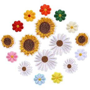 Flower Patch, 17 Pcs Sunflower Sew/Iron on Patches Versatile Embroidery Patches Daisy Flowers Patches Cute Fabric Applique Patches for Clothes, Hats, Bags, Jeans, Heat Press, DIY Crafts Supplies