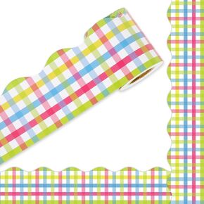 32.8Ft Buffalo Plaid Bulletin Board Border Pastel Pink Blue Yellow Green Plaid Die Cut Trim Border Roll for Easter Spring Summer Classroom Chalkboard School