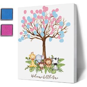 LNOKRIM Baby Shower Guest Book Fingerprint Tree Canvas, Jungle Safari Theme Gender Reveal Supplies, Personalized Alternative Guest Book,Fingerprint Guest Book