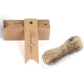 I-U-O-T 100 pc Mini Kraft Gift & Luggage Tags, 7x2cm, Brown, Hang Tags with 30m Jute Twine (Thankyou)