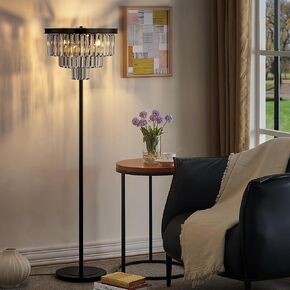 Wellmet 4 Lights Black Floor Lamp, Modern 3 Tiers Crystal Standing Lamp for Living Room Bright Lighting, Elegant Tall Crystal Floor Lamp with Foot Switch for Reading Room, Bedroom, Office (E12 Base)