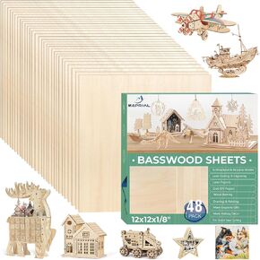 24 Pack 12x12x1/8 Inch Basswood Sheets, MAPRIAL Smooth 3mm Plywood for Laser Cutting, Unfinished Wood Board for Engraving, Wood Burning, Painting, Crafts, Ornaments, Models, Cutter, Engraver, Gifts
