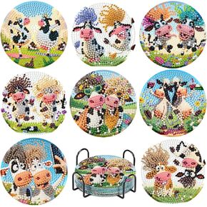 8 PCS Cow Diamond Art Coasters للبالغين ، طقم Diy Diy Diamond Paints Coasters مع حامل ، ورسم ماس Easy Cow للمبتدئين ، والبالغين من CARTERS CARTERS Supplies