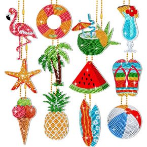Thinkday 12 Pack Summer Diamond Painting Keychain Kits 5D Diamond Art Keychains DIY Painting Kit Summer Hanging Diamond Art Kits Diamond Art for Kids DIY Crafts (Summer)