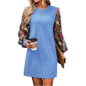 فساتين نسائية أنيقة من MakeMeChic بطبعات زهور وأكمام شبكية شفافة متباينة، فساتين تونيك برقبة دائرية in Kuwait