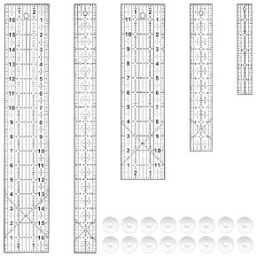 Sewing Ruler Set, Transparent Acrylic Rulers with Non-Slip Rings, 17 Inch, 12 Inch, 10 Inch, 6 Inch, 1.5 Inch, Stripology Ruler for Quilting, Slotted Quilting Ruler, T-Shirt Ruler, Acrylic Ruler