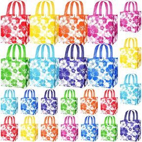 Teling 48 Pcs Hibiscus Party Favor Tote Bag Non Woven Hawaiian Gift Goodie Bag with Handles Luau Tropical Aloha Tiki Party Supplies