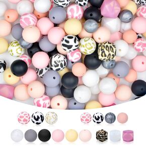 15 mm Silicone Beads, Silicone Beads with Designs, Cow Print Silicone Beads, Leopard Rubber Beads, 108 Pieces for Freshie Supplies and Silicone Beads for Keychain Making