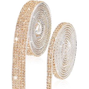 2 Yards Gold Rhinestones Ribbon, Rhinestone Diamond Stickers for Clothes Craft, Self Adhesive Stick on Gold Gems, Bling Decorations for Bedroom DIY Arts Crafts
