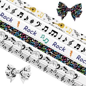 6 PCS Music Notes Ribbons for Crafting, 3/8" Width Grosgrain Ribbons Guitar Rock Ribbon for Gift Wrapping DIY Wedding Birthday Decorations