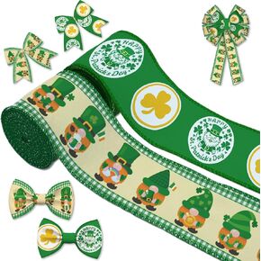 2 Rolls St Patrick's Day Ribbon, 2.55" x 5 Yards, Wired Edge Ribbon with Leprechaun & Shamrock Pattern, Green Plaid Border Decorative Ribbon for Holiday Party Home Decor Wreath Making Gift Wrap