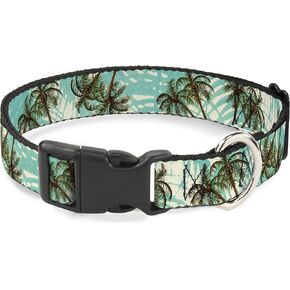 Buckle-Down 9-15" Palm Trees Swaying Tan/Teal Plastic Clip Collar, Small
