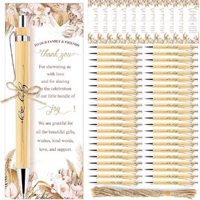 50 Sets Boho Baby Shower Gifts for Guest Wood Bamboo Baby Shower Pens Thank You Cards Retractable Ballpoint Pens Bohemian Pampas Grass Floral Baby Shower Boys Gifts Party Favors Souvenirs Prizes