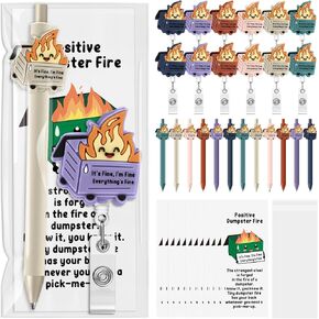 12 Set Employee Appreciation Gift Bulk Dumpster Fire Badge Reel Funny Ballpoint Pen with Saying Dumpster Fire ID Card Holder Thank You Card Emotional Support Gift for Medical Nurse Coworker