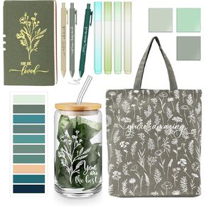 14 Pcs Inspirational Gifts for Women Friends Aesthetic A6 Leather Journal Notebook Glass Cup Canvas Tote Bag Motivational Pens thank you gifts for women empowerment gifts Bestie(White)