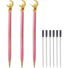 3Pcs Sailor Moon Pen School Supplies,Sailor Moon Merch,Cute Pink Pens Ballpoint Pens with six 1mm black pen refills,Pink Moon Pen for School Day Students Gifts or Offices