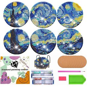 NUFTVI Diamond Painting Coasters with Holder Van Gogh Starry Night, 6 PCS Diamond Art Coasters Kits for Beginners and Adults