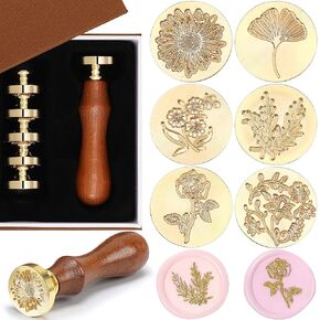 Chrisfall Wax Seal Stamp Set, Floral Stamps Botanical Sealing Stamper Kit, Wedding Postage Stamps, Wooden Handle with Brass Head for Wedding Greeting Cards Planner Journal Gift, 6 Pieces (Plant)