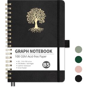RETTACY Spiral Notebook, B5 Lined Journal Notebook with 140 Numbered Pages, 7.6" × 10", Medium Size, Journal Notebook for Work, School, Writing, Leather Hardcover, 100 GSM Thick Paper (Black)