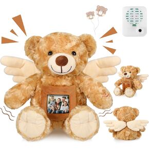 Leyndo Angel Remembrance Bear Plush Stuffed Animal with Recorder 12 Inch Voice Recording Dolls with a Picture Frame Memorial Toy for Family Baby Shower Birthday Party Gifts(Cream)