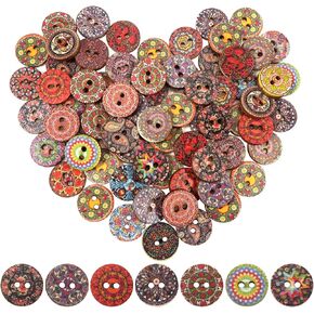 100 Pcs Wooden Buttons for Sewing Crafts Clothes Bags Sewing Buttons Painted Flower Colorful Patterns 0.6 in