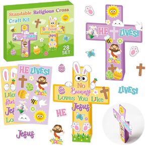 BeYumi Easter Standable Religious Craft - 28Pcs Easter Religious Cross Craft Kit Make Your Own Jesus Resurrection Cross Set Jesus Faith Classroom Sunday School Church Christian Party Supplies for Kids